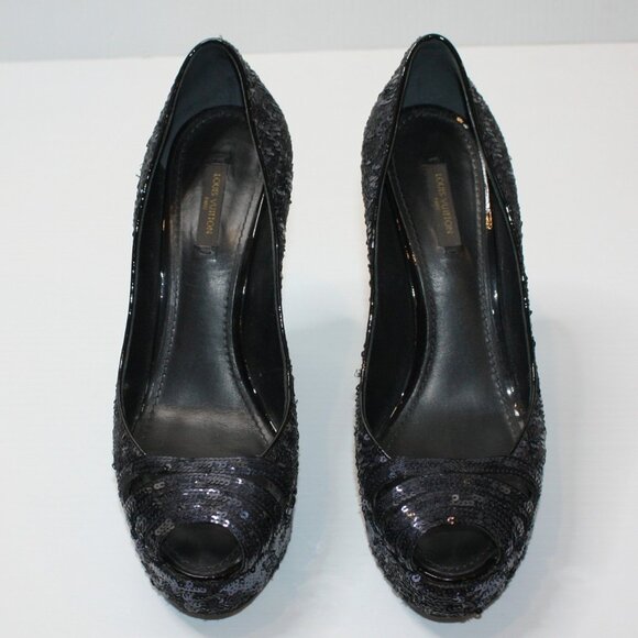 Louis Vuitton Navy Blue Sequin Peep Toe Pumps Shoes in size EU 39.5 / US 9.5 - Picture 4 of 10